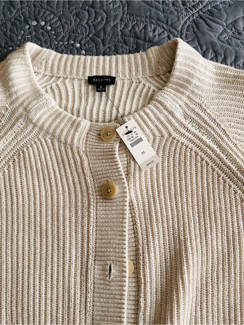 Talbots Cream Ribbed Button-Front Cardigan Sweater - Picture 3 of 4